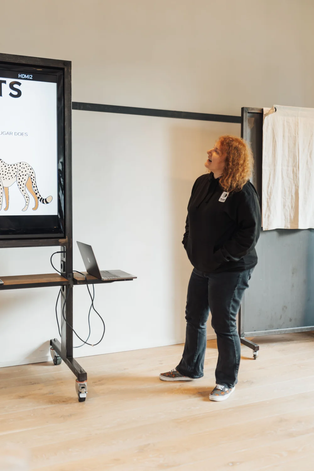 A woman giving a presentation beside a digital display. · Illustrative stock photo