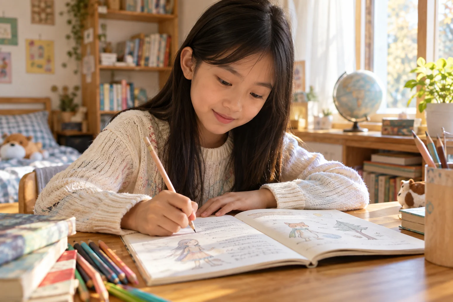 Turning characters and ideas into a storybook · AI-generated learning illustration