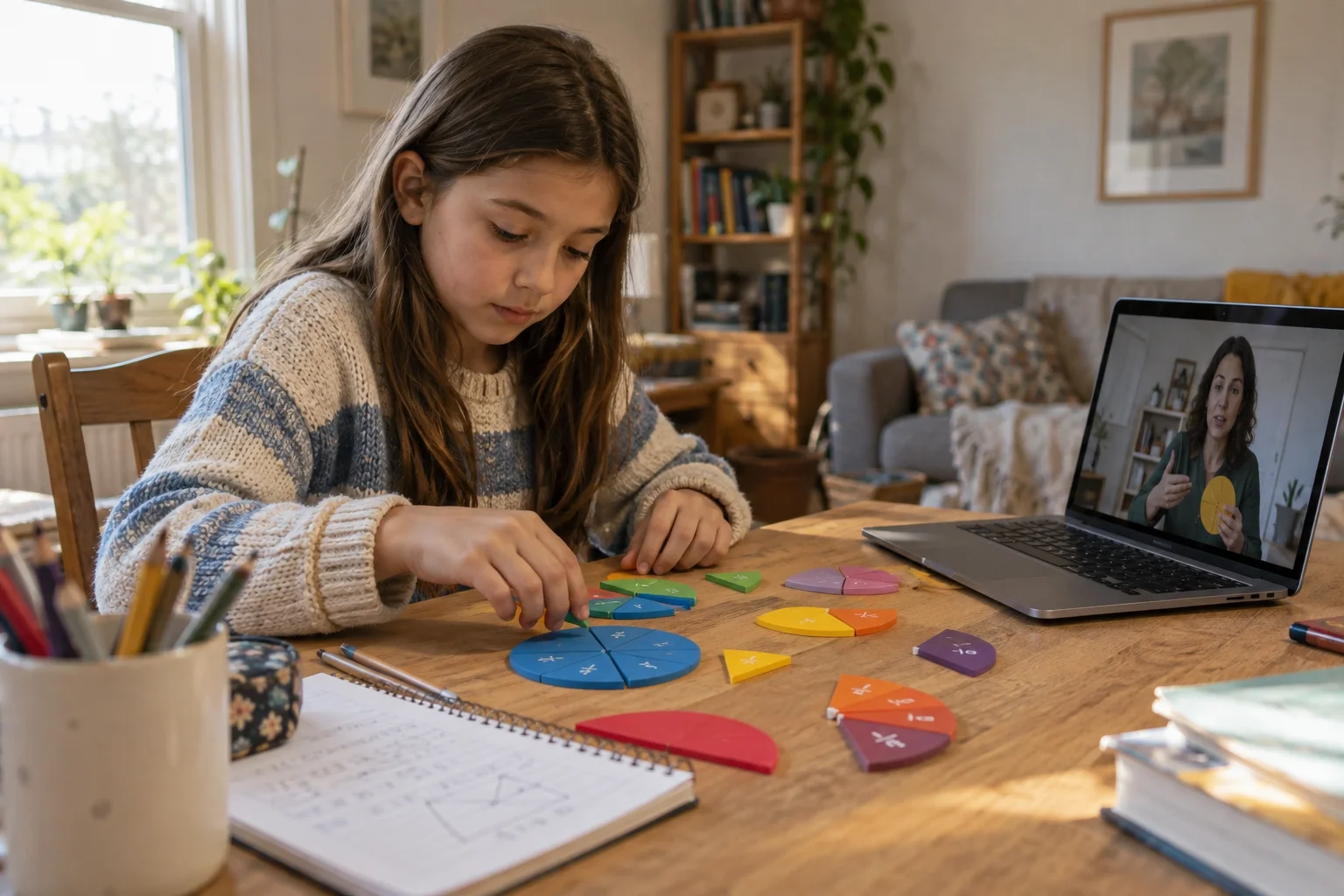 Exploring fractions in an online lesson · AI-generated learning illustration