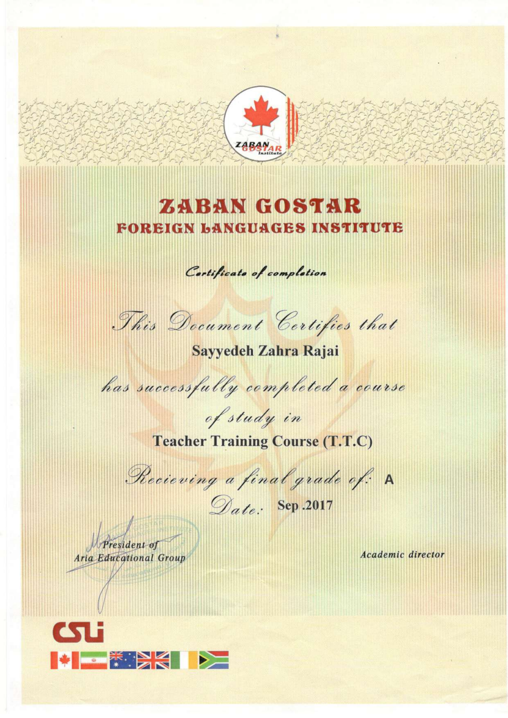 Teacher Training Course (TTC) · Zaban Gostar · Grade A · September 2017