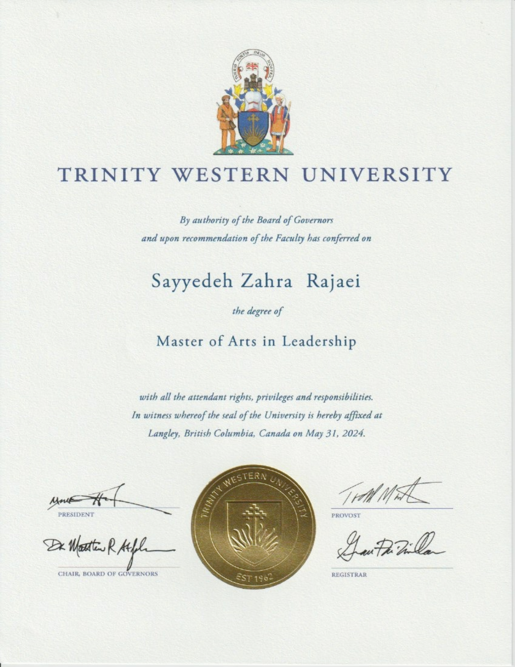 Master of Arts in Leadership · Trinity Western University · May 31, 2024